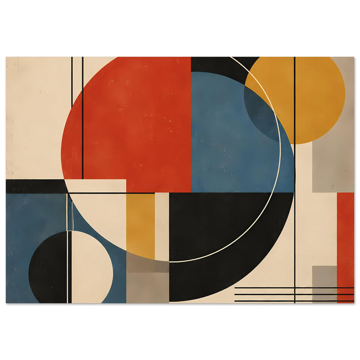 Geometrisches Kunstposter mit großen Kreisen, Rechtecken und Linien in Rot, Blau, Gelb und Schwarz.