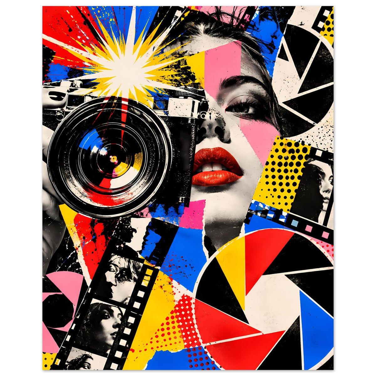 Pop-Art-Fotografie-Poster: Kamera mit großer Linse links, rote Lippen und bunte Grafiken