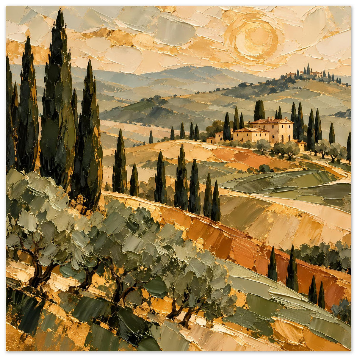 Goldtöniges Tuscan-Landschaftsposter: Nahansicht von Zypressen, Felder und Landhaus