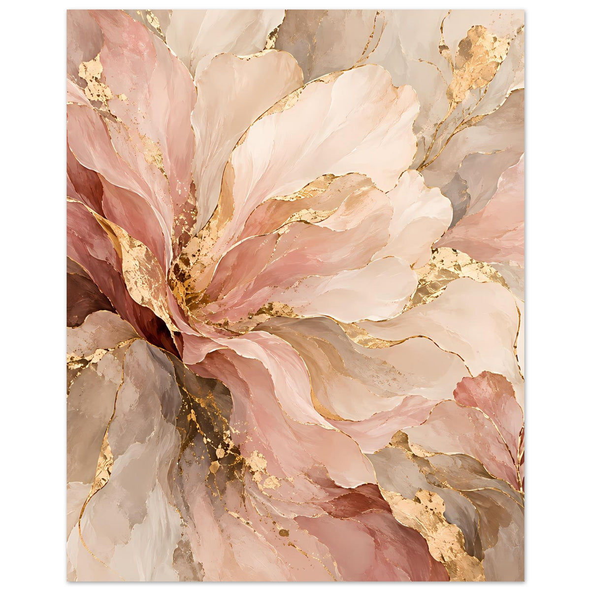 Blush-Gold Blumenposter mit abstrakten Blüten, goldenen Linien und mattem Premiumpapier