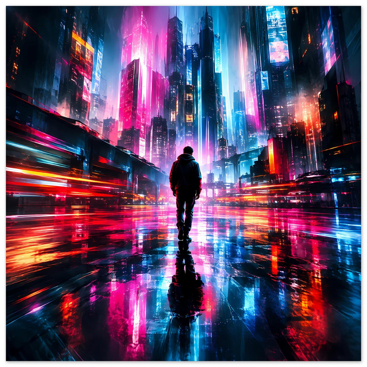 Querformatiges Cyberpunk-Poster: Neonstadt mit zentraler Silhouette und orange-blauen Lichtspuren.