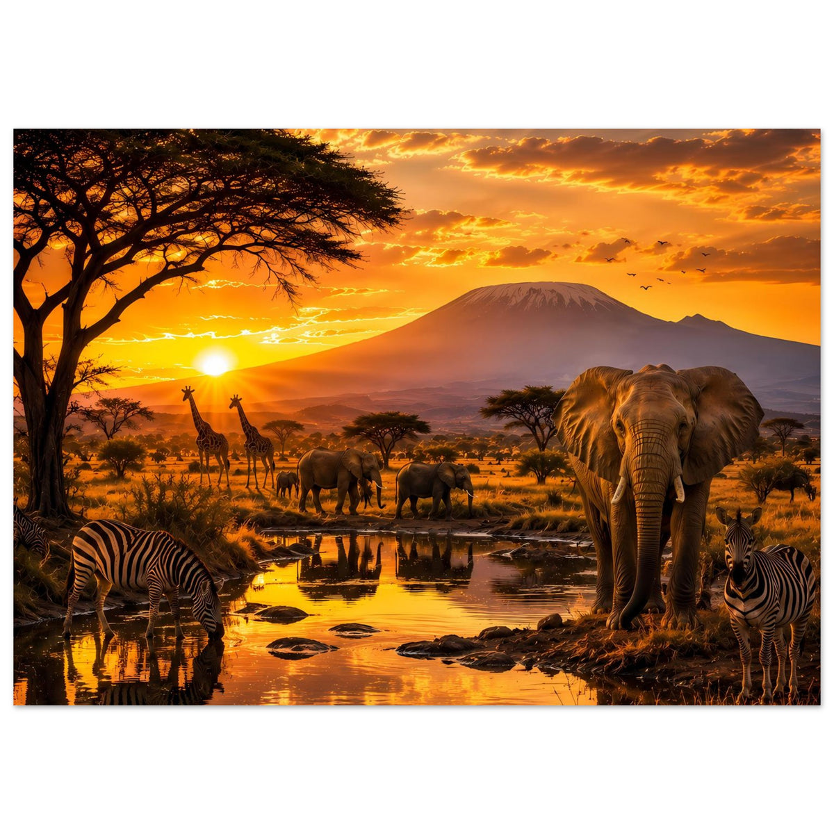 Querformat-Poster mit Elefant und Zebras am Wasser bei Sonnenuntergang