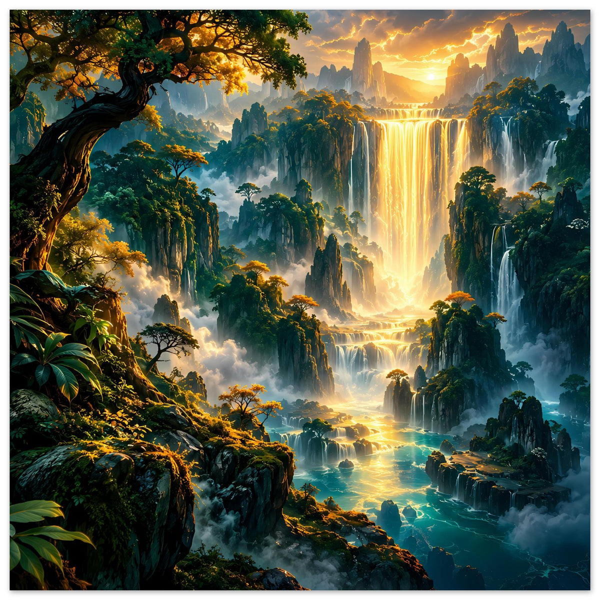 Horizontales Fantasy-Poster: leuchtender Wasserfall, üppige Wälder und Berge