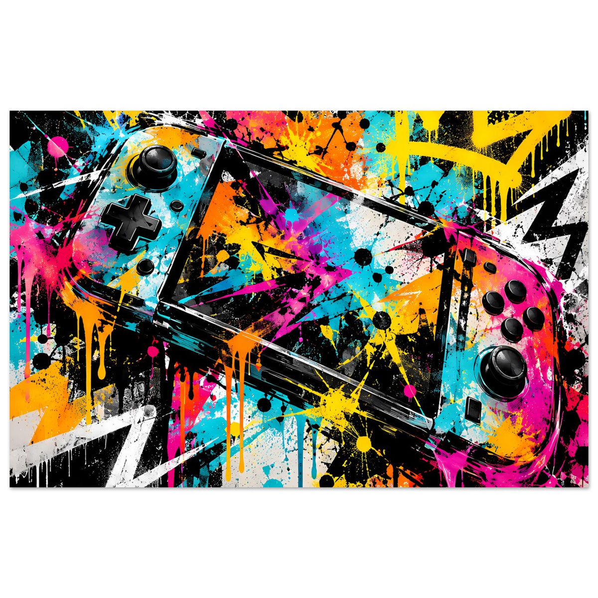 Graffiti-Gaming-Poster, horizontales Format mit bunter Gamecontroller-Illustration und Sprühfarbe