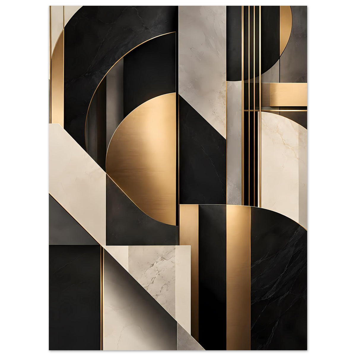 Geometrisches Kunstposter mit Gold-Formen, Schwarz-Weiß-Kontrasten und marmorierten Streifen