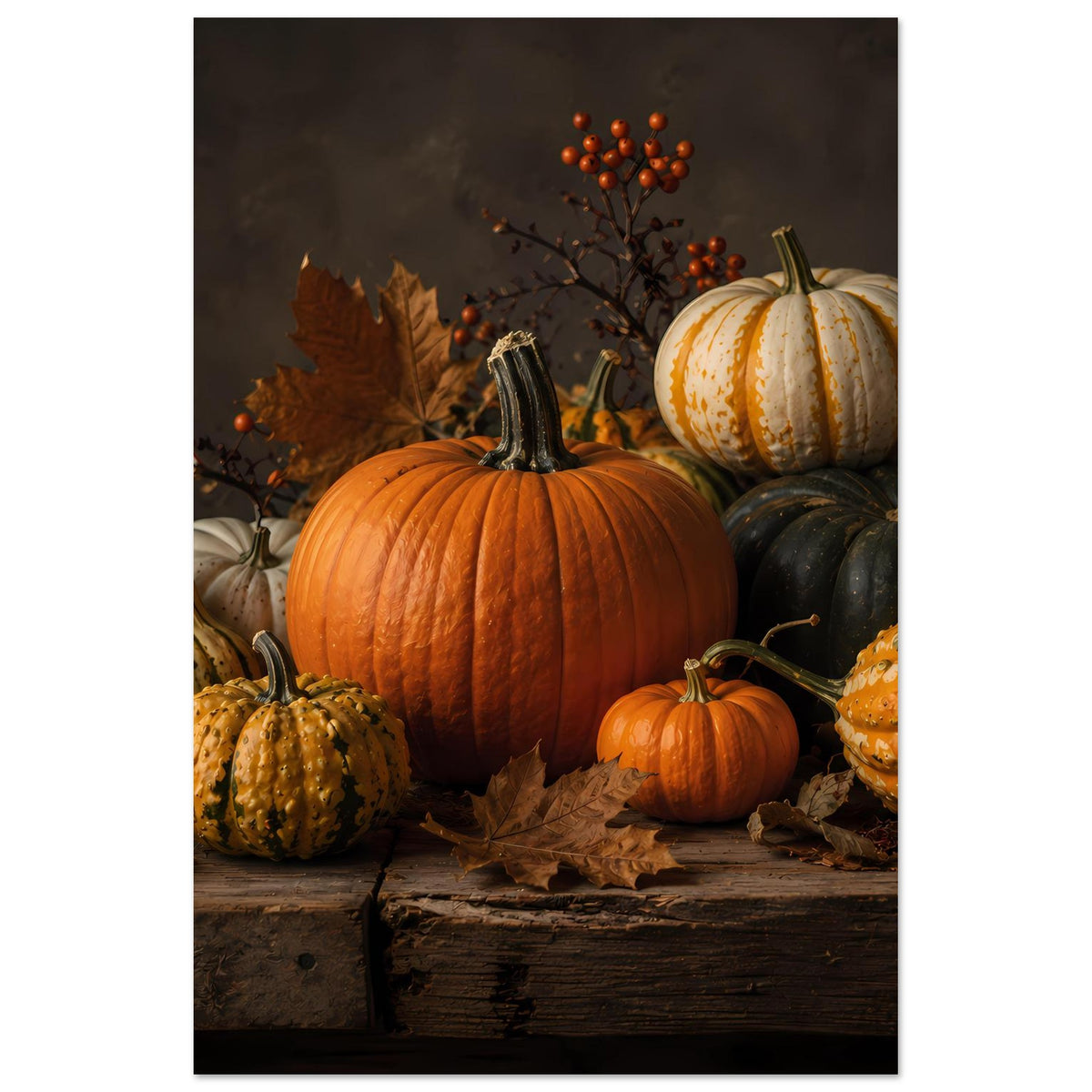 Herbstliches Kürbisbild auf Poster: vertikaler Ausschnitt mit orange Kürbis und weißem Streifenkürbis