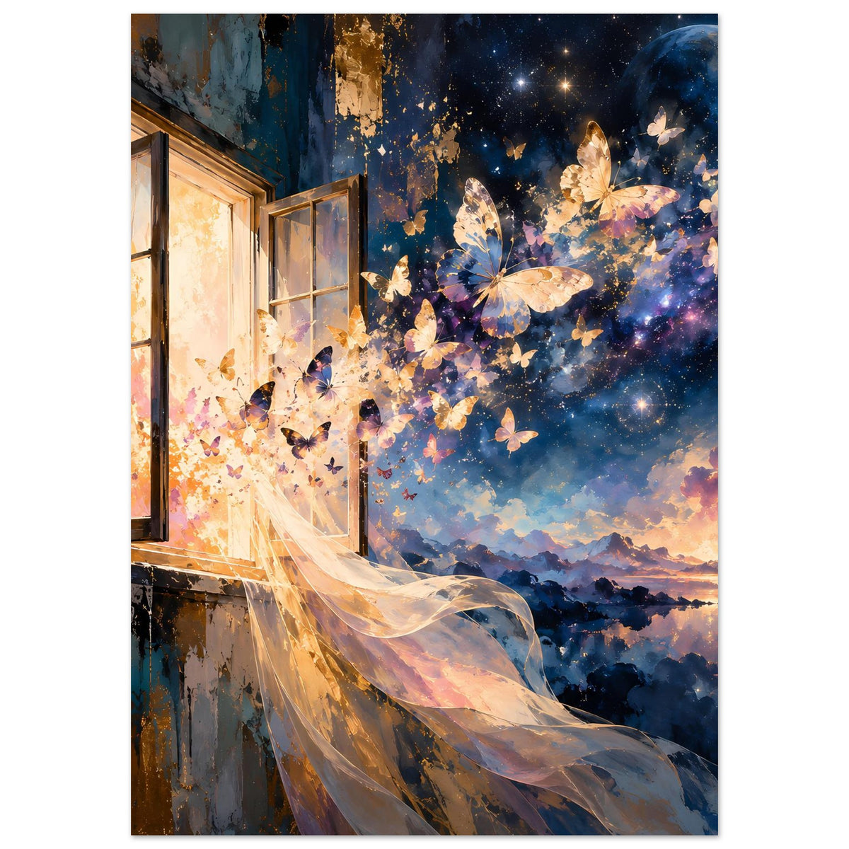 Kunstposter mit Schmetterlingen und Mond, Vorhangstreifen über Nachtwolken