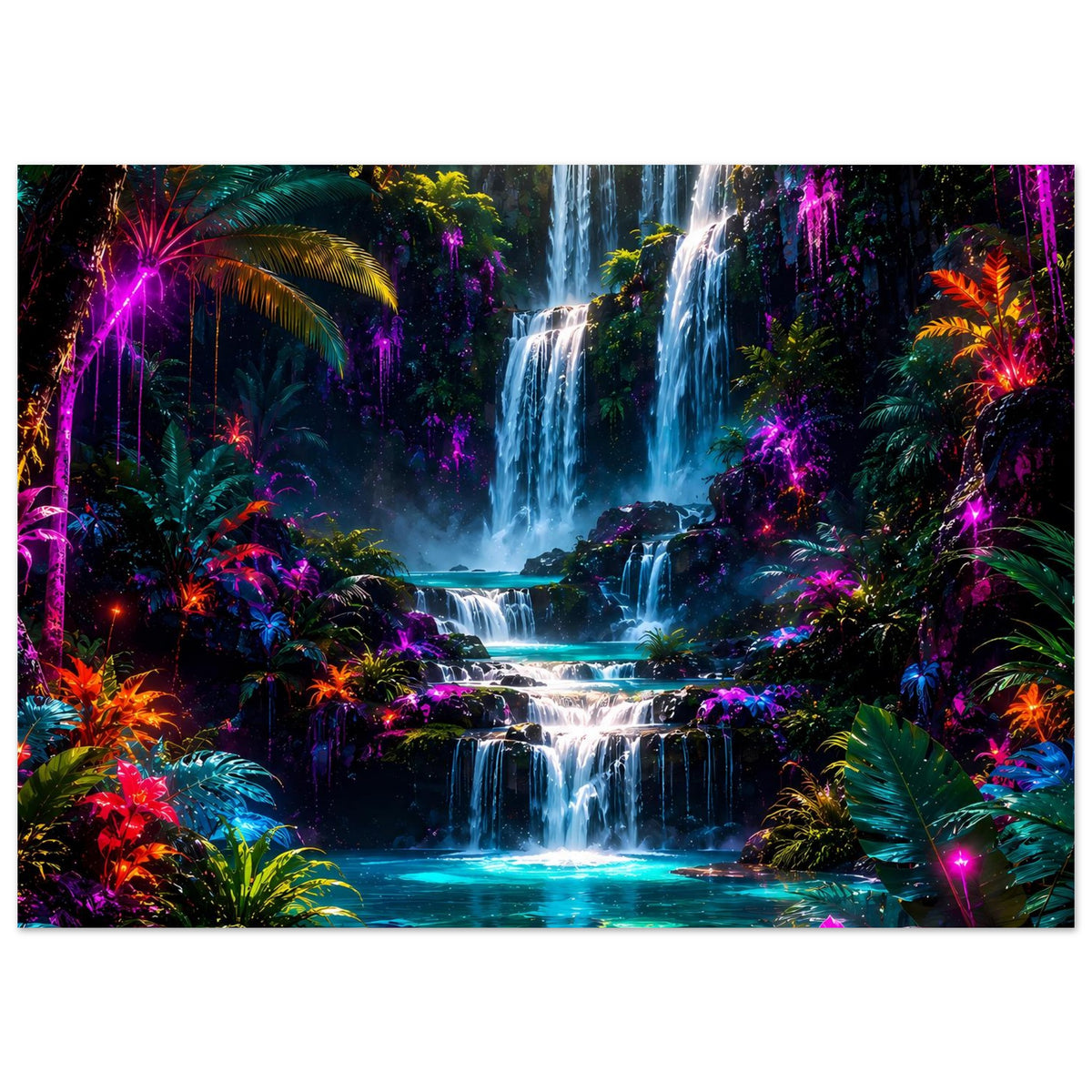 Neonfarbenes Poster (Querformat) mit Wasserfall im Regenwald und leuchtendem Blattwerk