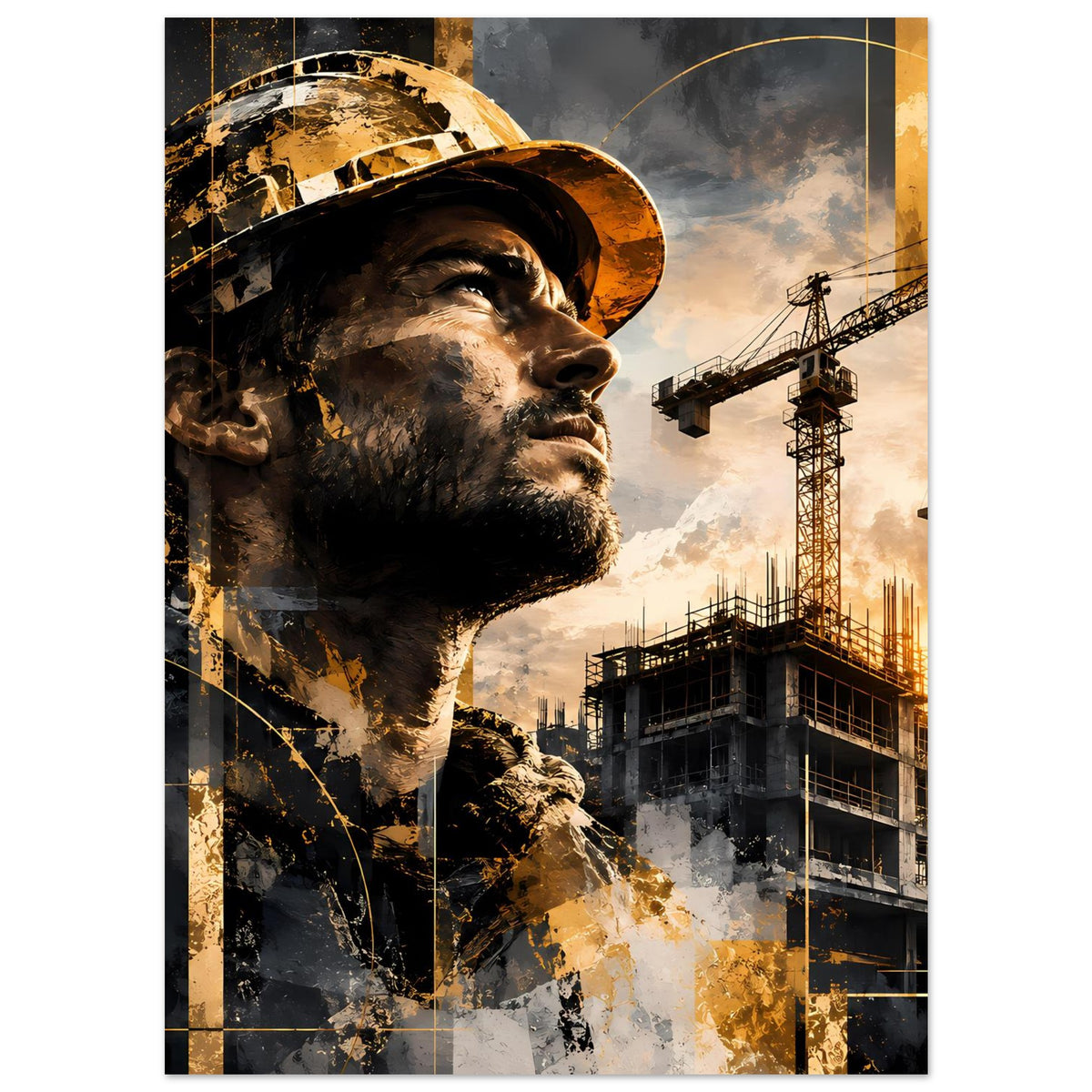 Poster mit Bauarbeiter-Porträt im Hut, goldene Akzente über dunklem Hintergrund, mit Kranen