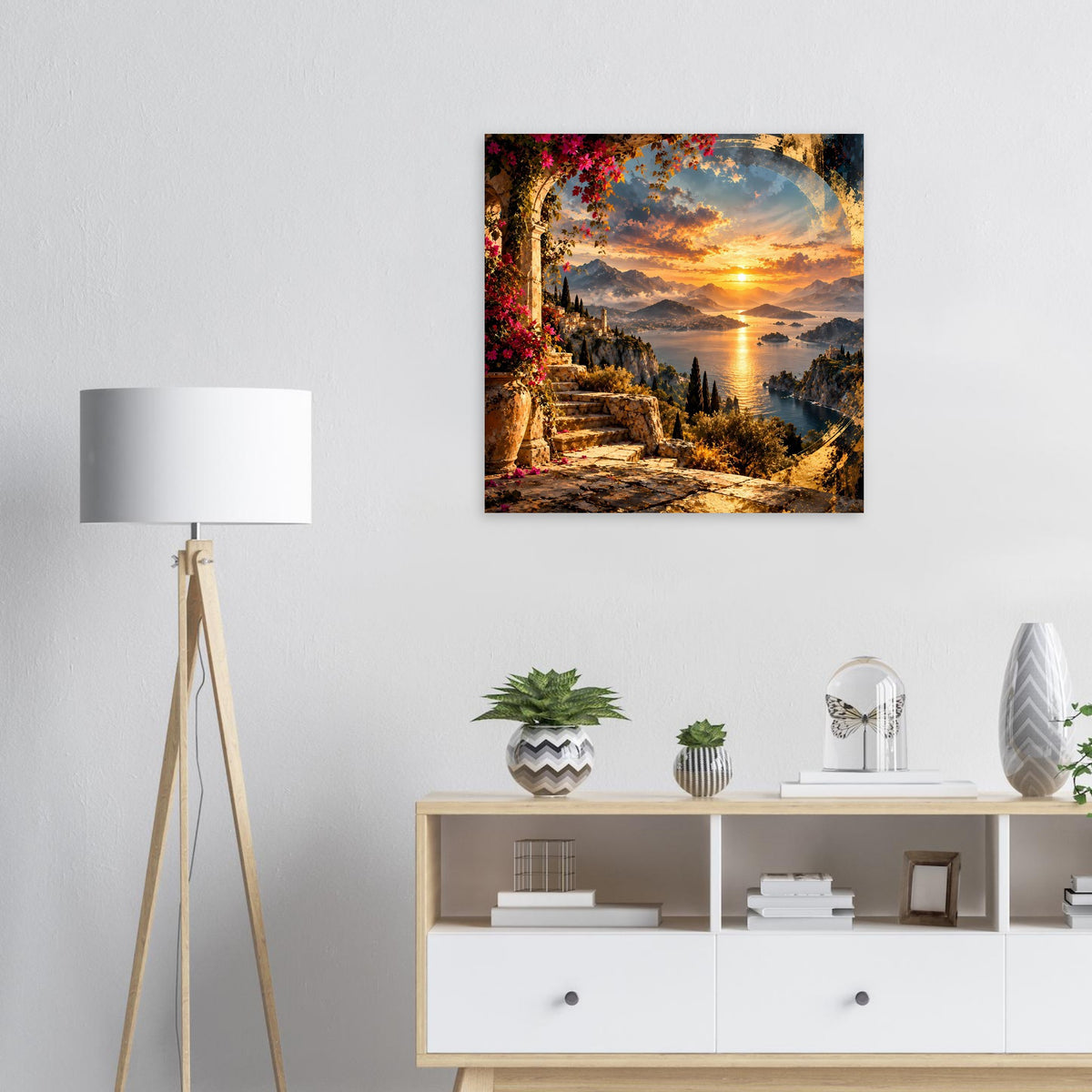 Wandbild-Poster: Küstenlandschaft mit Sonnenuntergang, Bucht, Treppe und Blumen