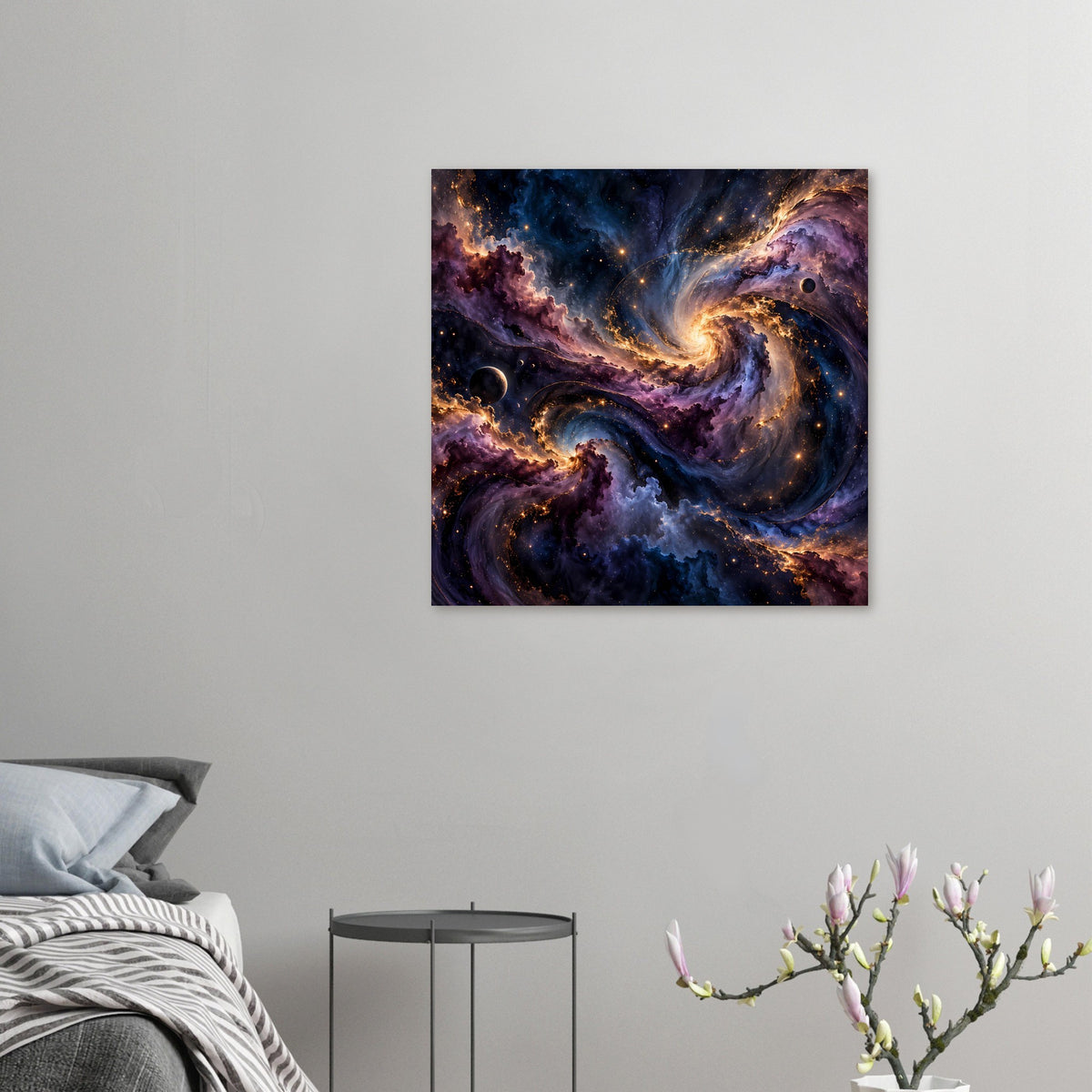 Quadratisches Weltraum-Poster mit kosmischem Nebel, Sternen, Spiralwirbel und Planet