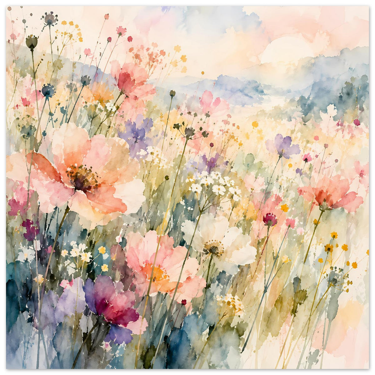 Aquarell-Poster mit Pastell-Wildblumen und zarten Blüten, weites Blütenwiesenmotiv