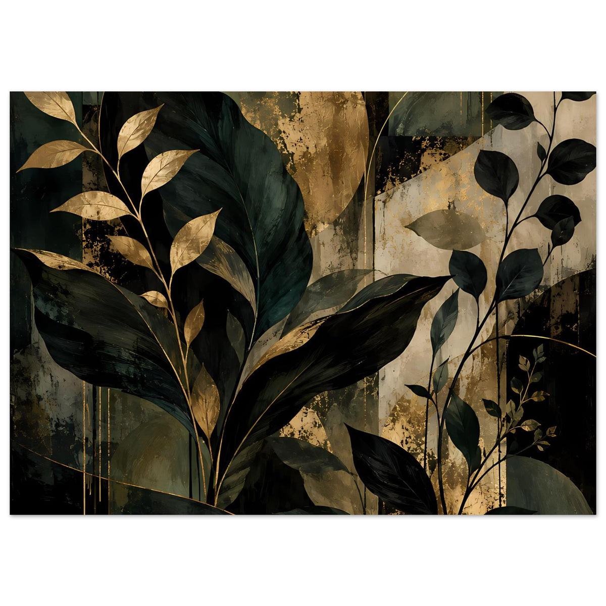Kunstposter mit botanischen Motiven: dunkelgrünes Laub, goldene Blattadern und schwarze Zweige