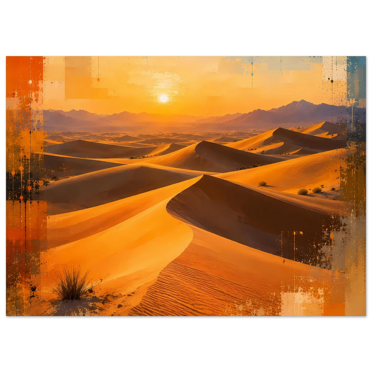 Wandposter Wüstenlandschaft horizontal, Sonnenuntergang in warmem Orange, Sanddünen im Vordergrund