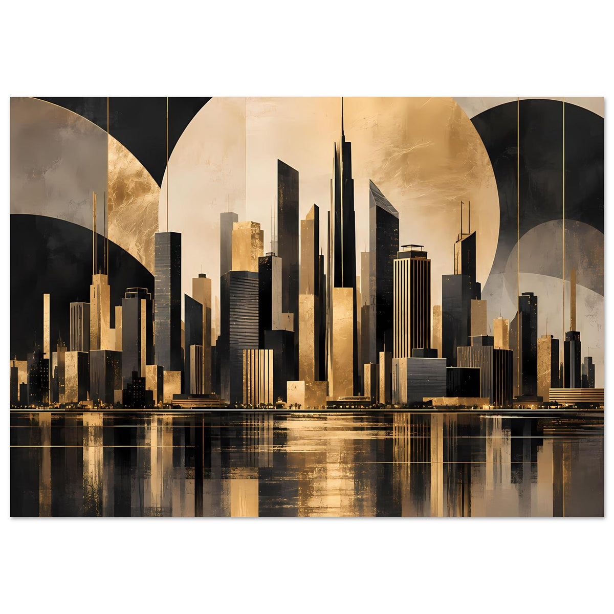 Stadtposter mit goldschwarzer Skyline, großen runden Flächen und Wasserreflexion