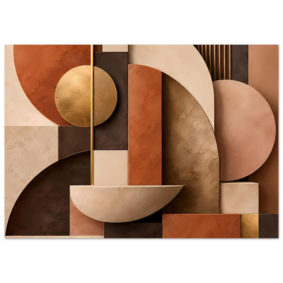 Kunstposter mit goldenem Kreis links, Halbkreis-Bögen, Terrakotta-Beige-Rechtecken und dunklen Flächen