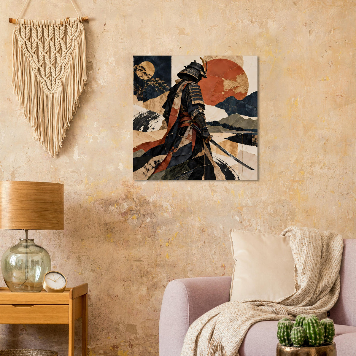 Quadratisches Poster: Samurai in dunkler Kleidung, erdige Retro-Farben und Himmelformen