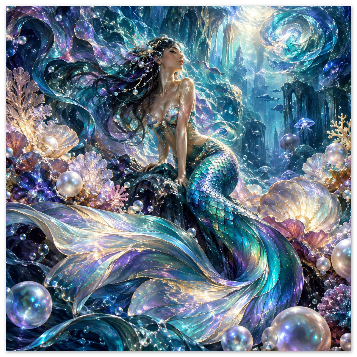 Fantasy-Poster mit Meerjungfrau zwischen Korallen, türkis-grünem Schwanz, Perlen und Blasen