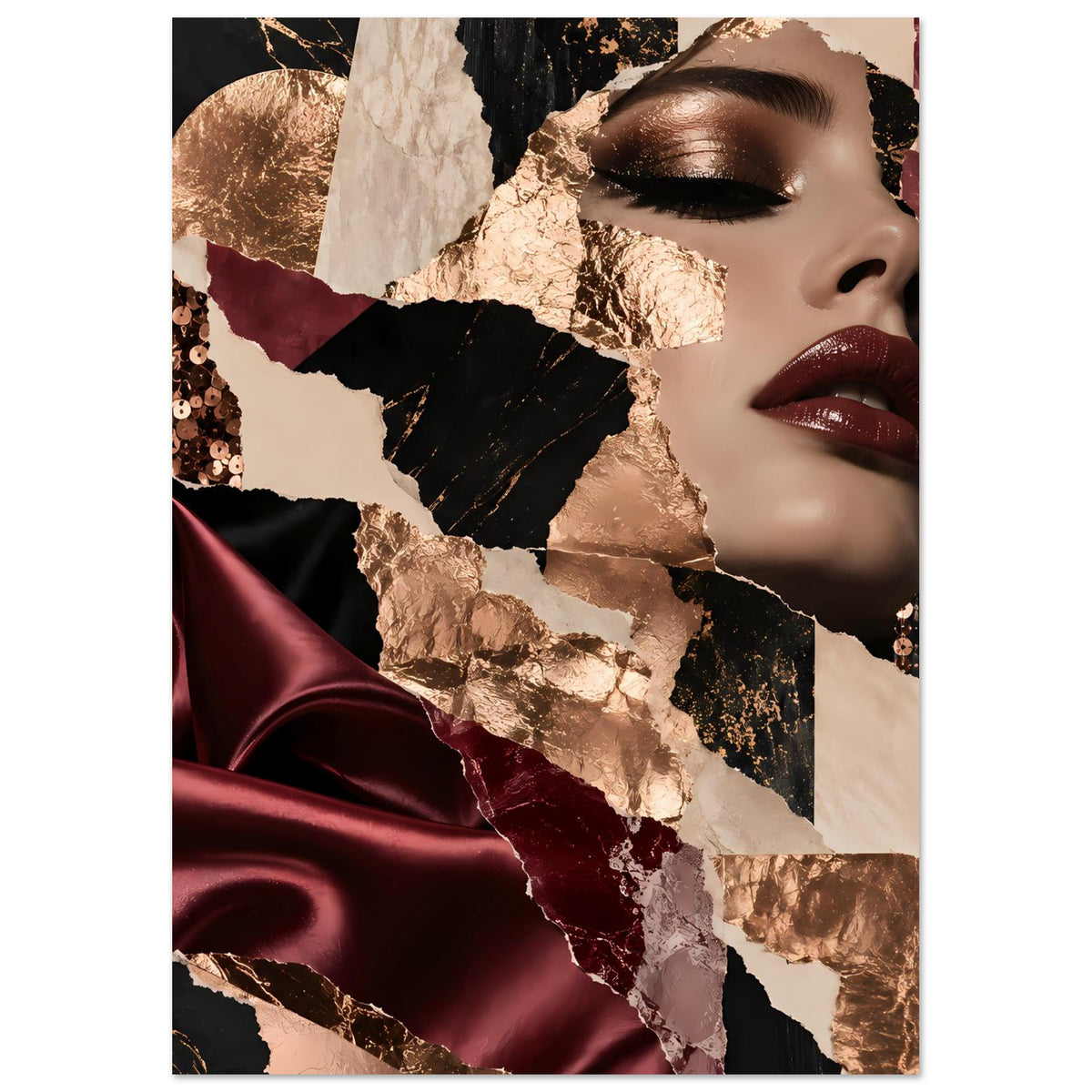 Fashion-Collage-Poster mit Lippen und Augen, Bordeaux-Satin, goldene Foliensplitter
