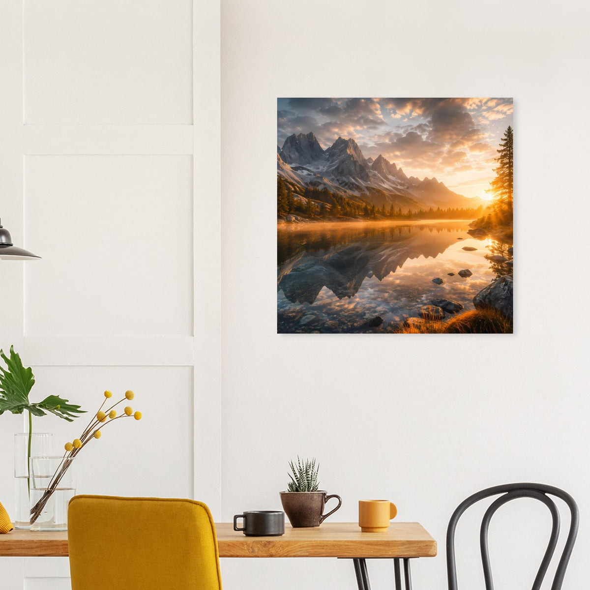Quadratisches gerahmtes Poster: Berge, See und Sonnenaufgang, Details von Steinen am Ufer