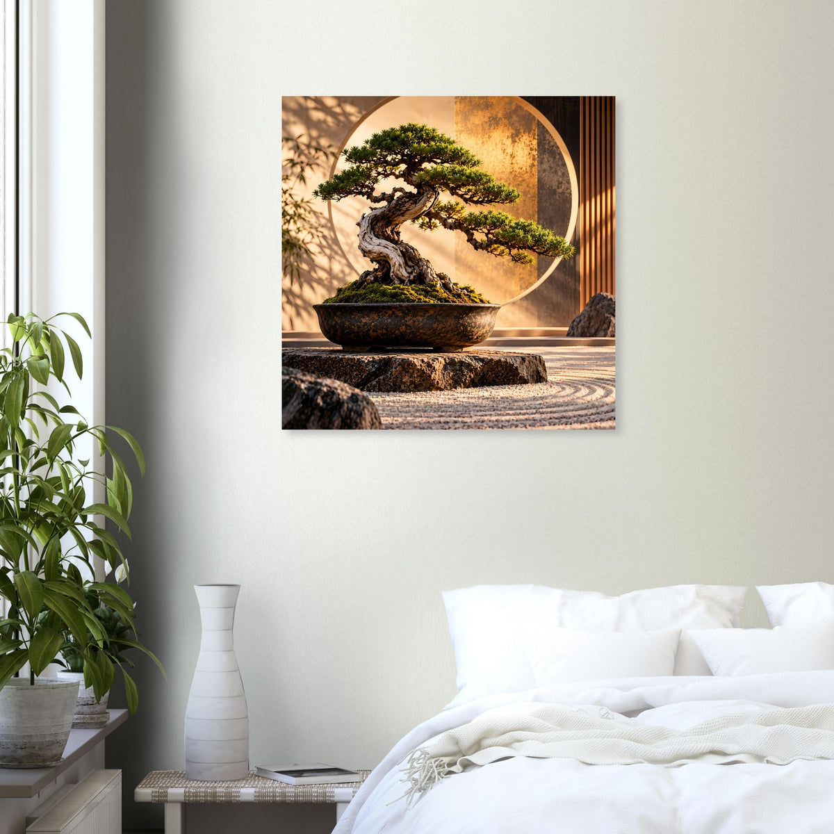 Bonsai-Zen-Garten-Poster über Bettseite, quadratisch: dunkler Bonsai im Goldkreis