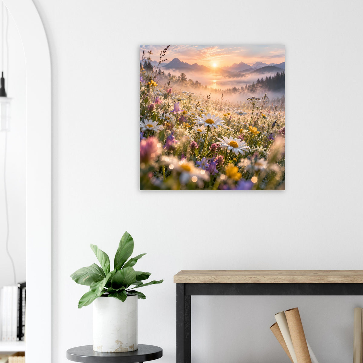 Quadratisches Poster mit Wildblumen und goldenem Sonnenaufgang im dunklen Rahmen