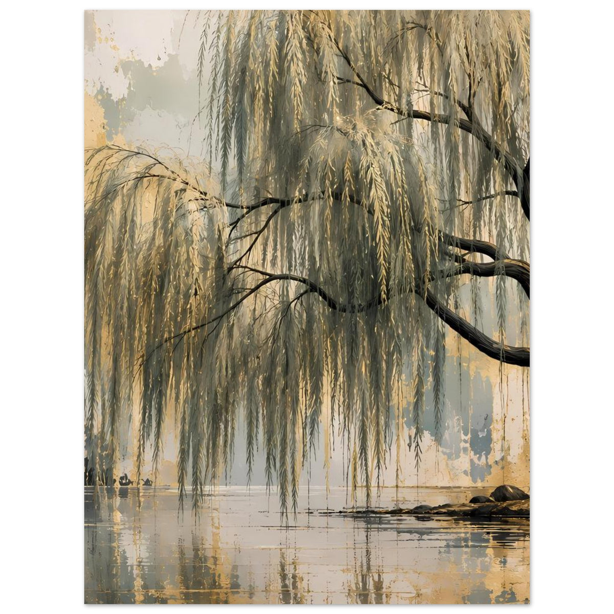 Poster mit Weidenbaum am Ufer, goldene und blaue Farben, Spiegelung im Wasser