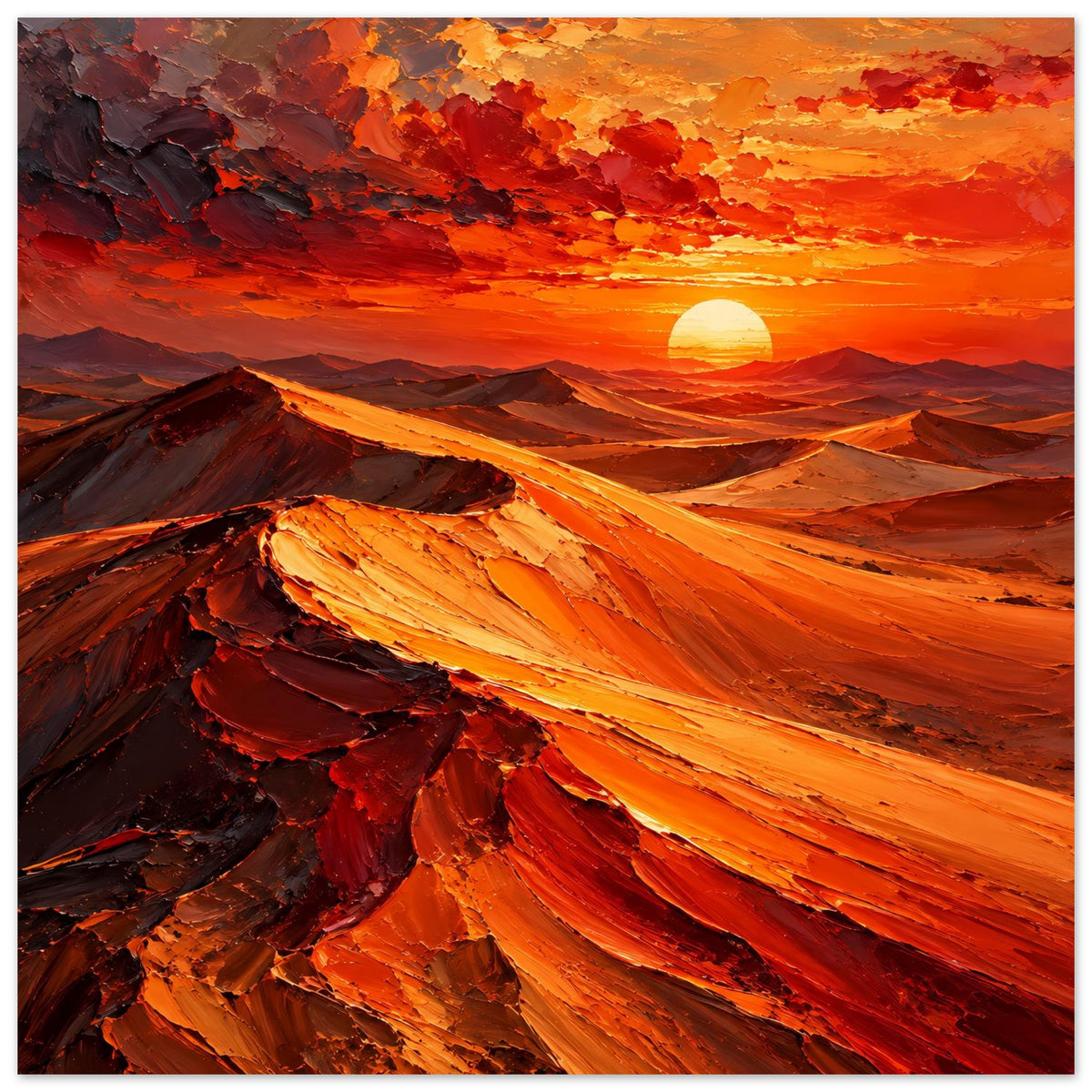 Poster mit Wüstenlandschaft: Sonne im Zentrum, kontrastreiche Rot- und Orangetöne der Dünen