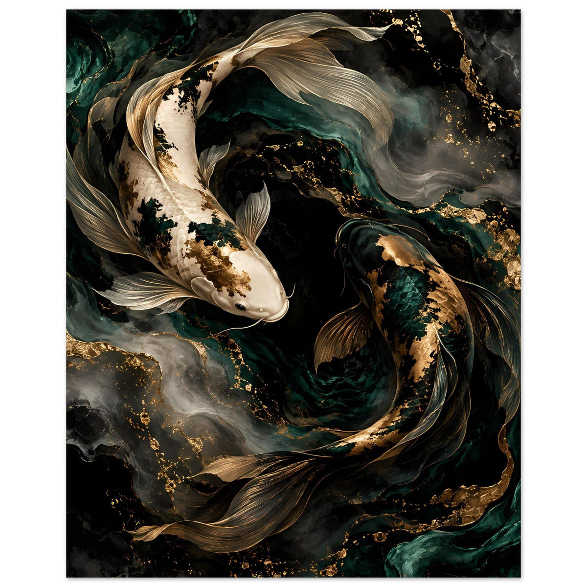 Kunstposter mit großen Koi-Fischen, goldenen Sprenkeln und tiefgrüner Strömung
