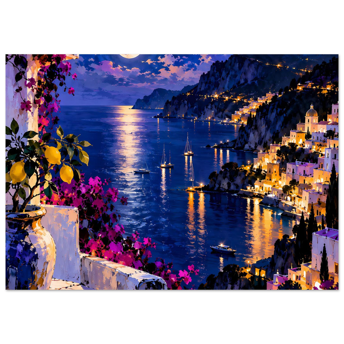 Mittelmeerküste bei Mondschein mit blühender Bougainvillea und Lichtern