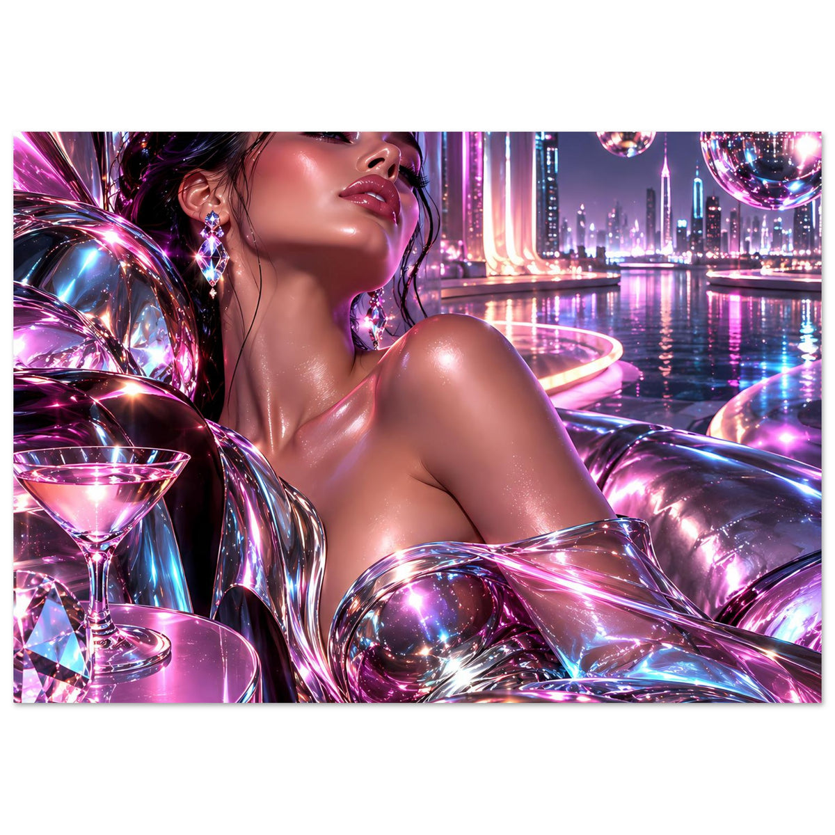 Neon-Glamour-Poster: Fokus auf Gesicht und Oberkörper, funkelnde Ohrringe, Chromlichter