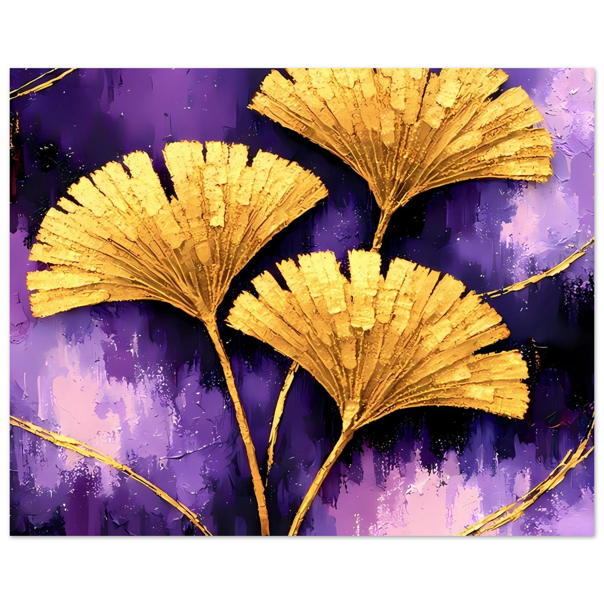 Poster mit goldenen Ginkgo-Blättern auf violettem Hintergrund, breiter Blatthaufen
