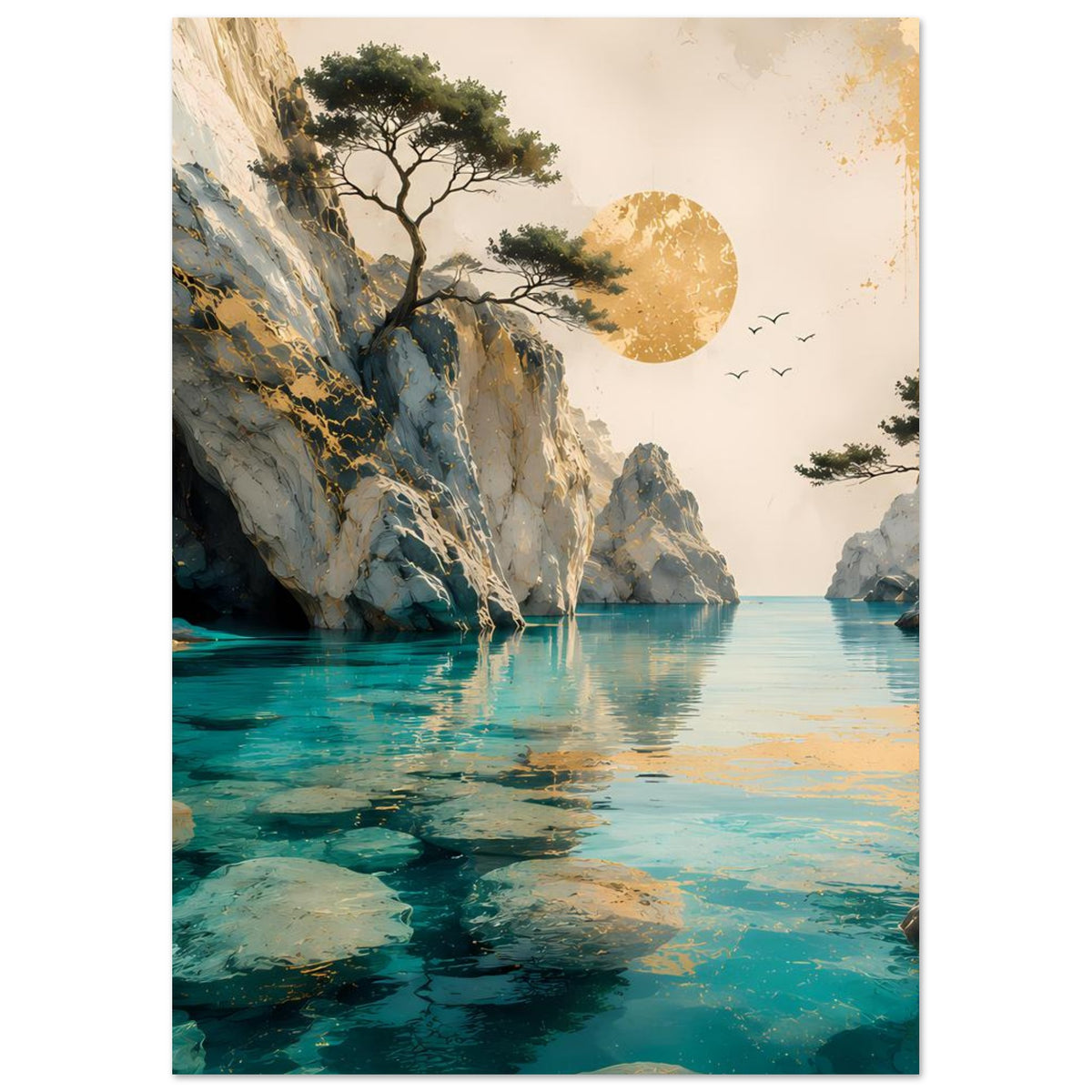 Poster im Hochformat mit Felsenklippe, türkisfarbenem Wasser, Baumkrone, goldener Sonne