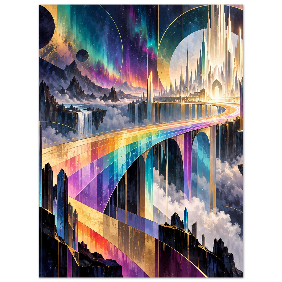 Futuristisches Poster mit Regenbogenbrücke, farbige Bögen und kräftige Skyline-Lichter.