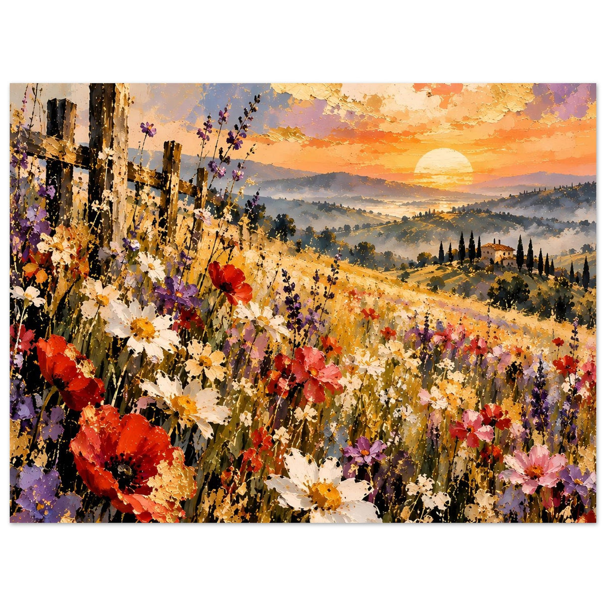 Querformat-Landschaftsposter mit bunten Blumen und Sonnenuntergang über Hügeln