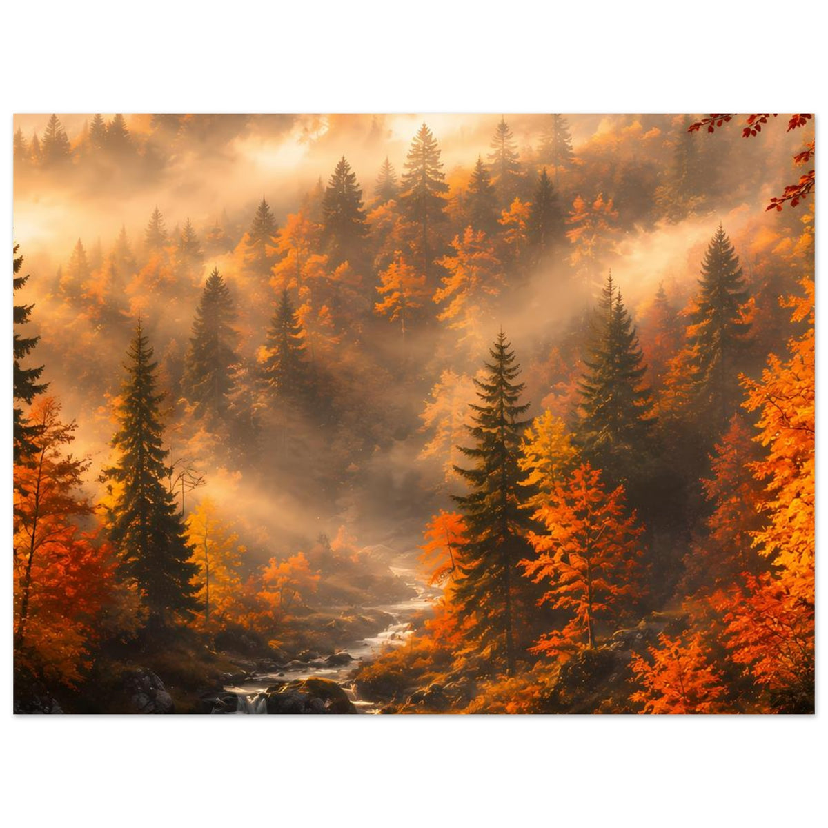 Herbst-Waldlandschaftsposter mit Nebel, Tannen und Bachlauf zwischen Felsen