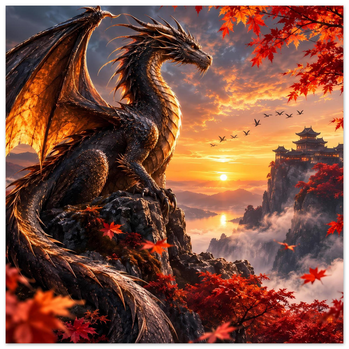 Drachenposter: schwarzer Drache mit ausgebreiteten Flügeln, Pagode, rote Ahornblätter und Sonnenuntergang