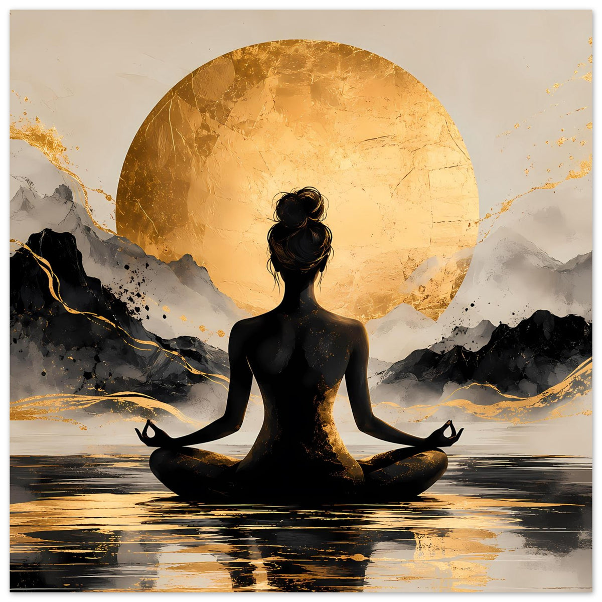 Meditatives Poster mit Meditationsfigur in Schwarz, goldenem Sonnenkreis und reflektierendem Boden