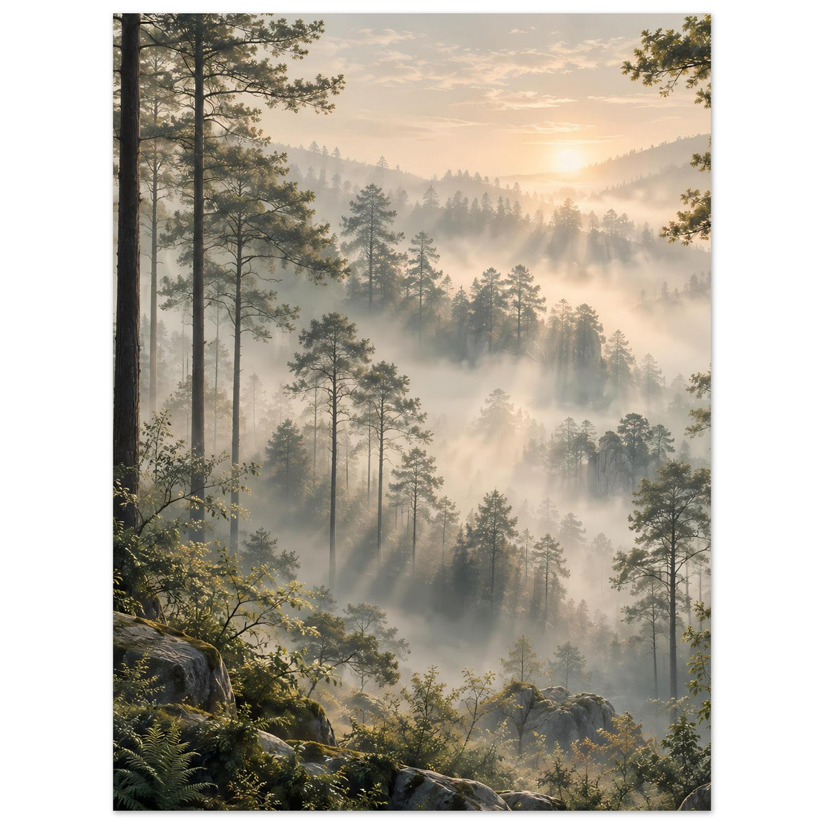 Waldlandschafts-Poster (hochkant) mit Morgennebel, Nadelbäumen und warmem Licht