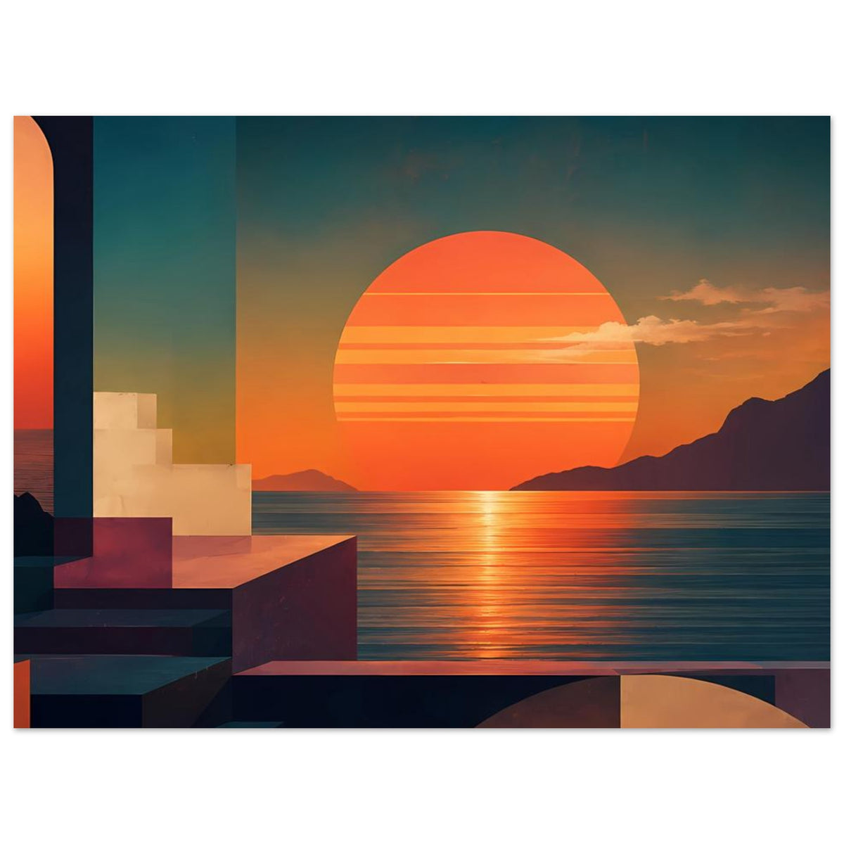 Küstenkunstprint mit rundem orangefarbenem Sonnenmotiv, Meerlinie und Blockarchitektur