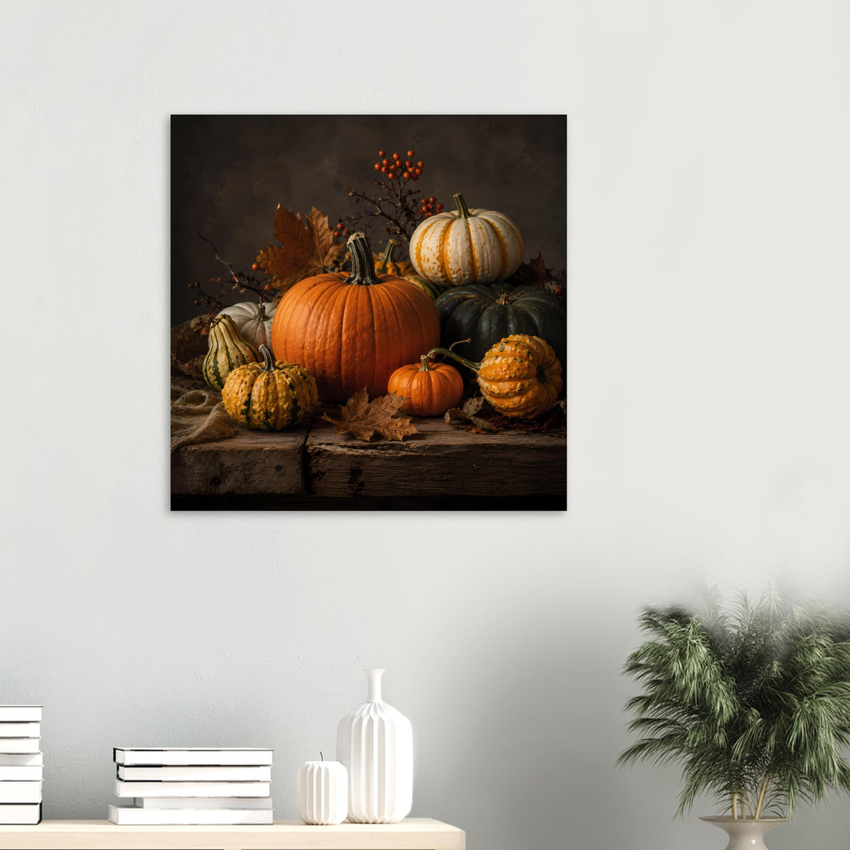 Premium-Poster mit herbstlicher Kürbis-Komposition: orangefarbene Kürbisse auf dunkler Holzkiste