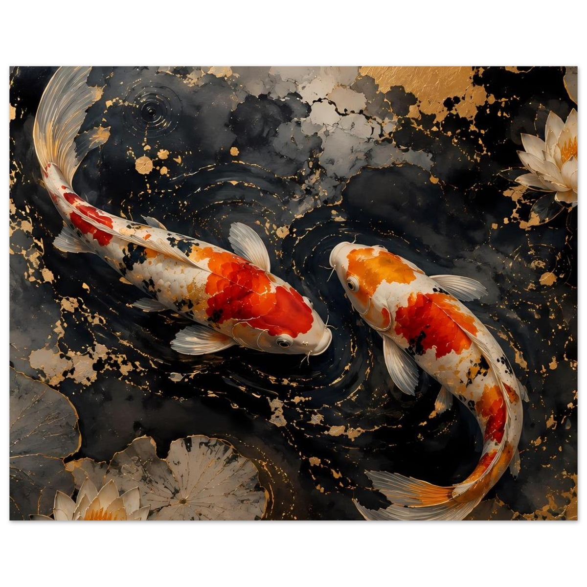Poster mit zwei Koi-Karpfen im dunklen Wasser, goldene Sprenkel und Seerose unten links