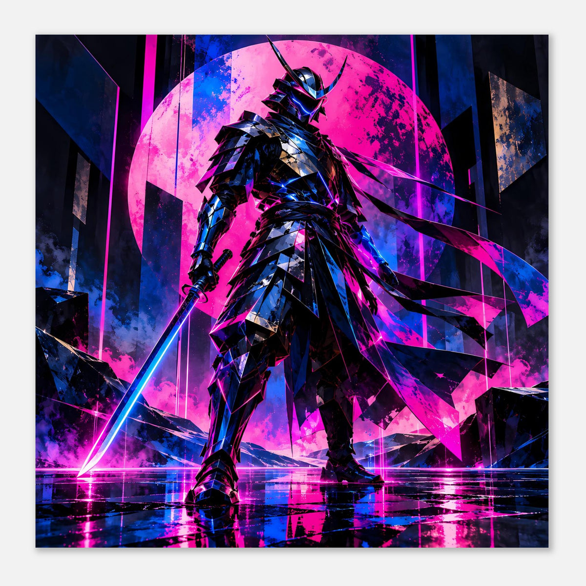 Neon-Cyberpunk-Poster im Querformat: Samurai-Figur in Pink und Blau, Blick nach vorn