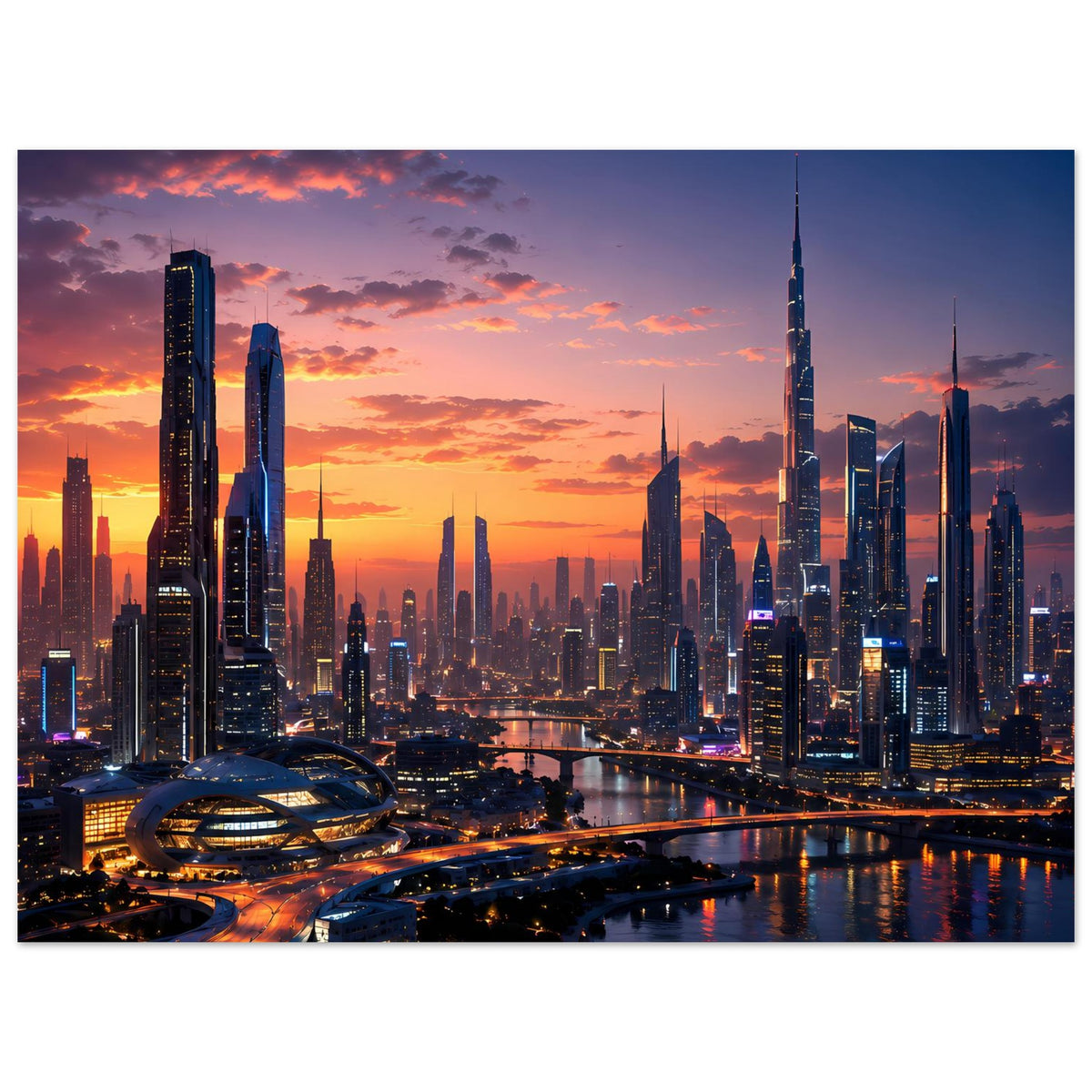 Poster im Querformat: Stadt-Skyline bei Sonnenuntergang, beleuchtete Gebäude entlang des Flusses.