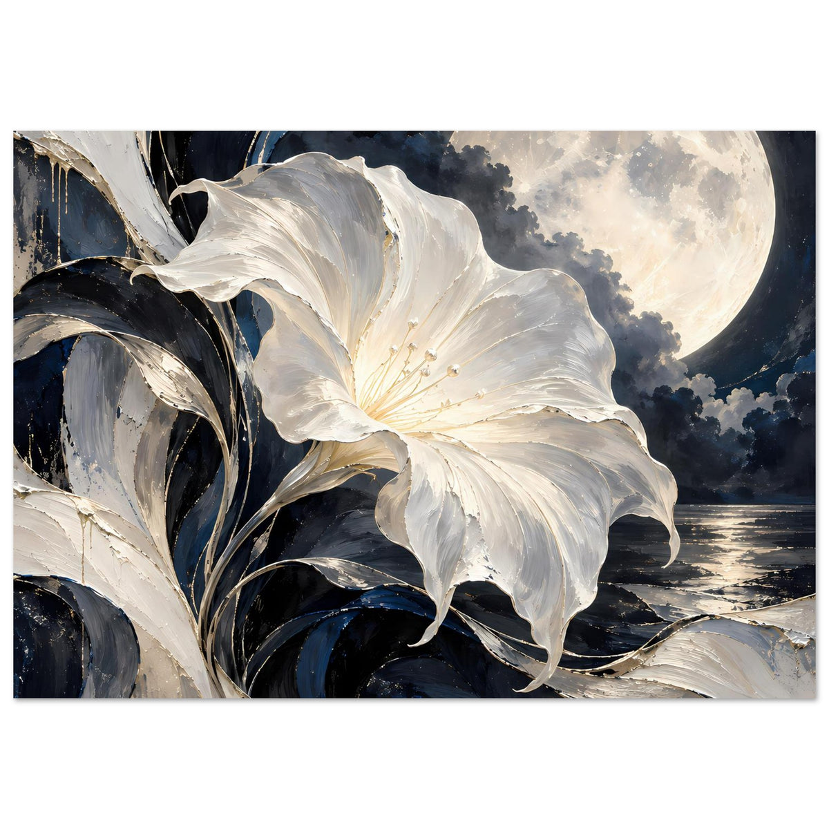 Blumenposter mit weißer Blüte und dunklen Blättern, Mond über der Küstenlinie