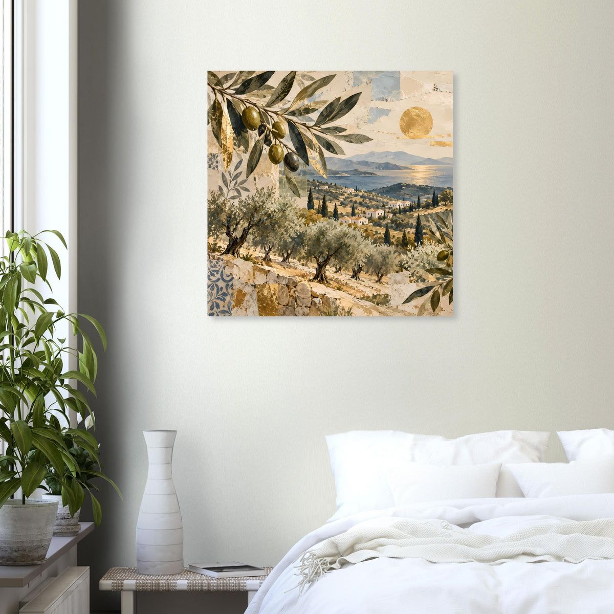 Quadratisches Poster mit Olivenzweigen über einer Talszene bei Sonnenuntergang