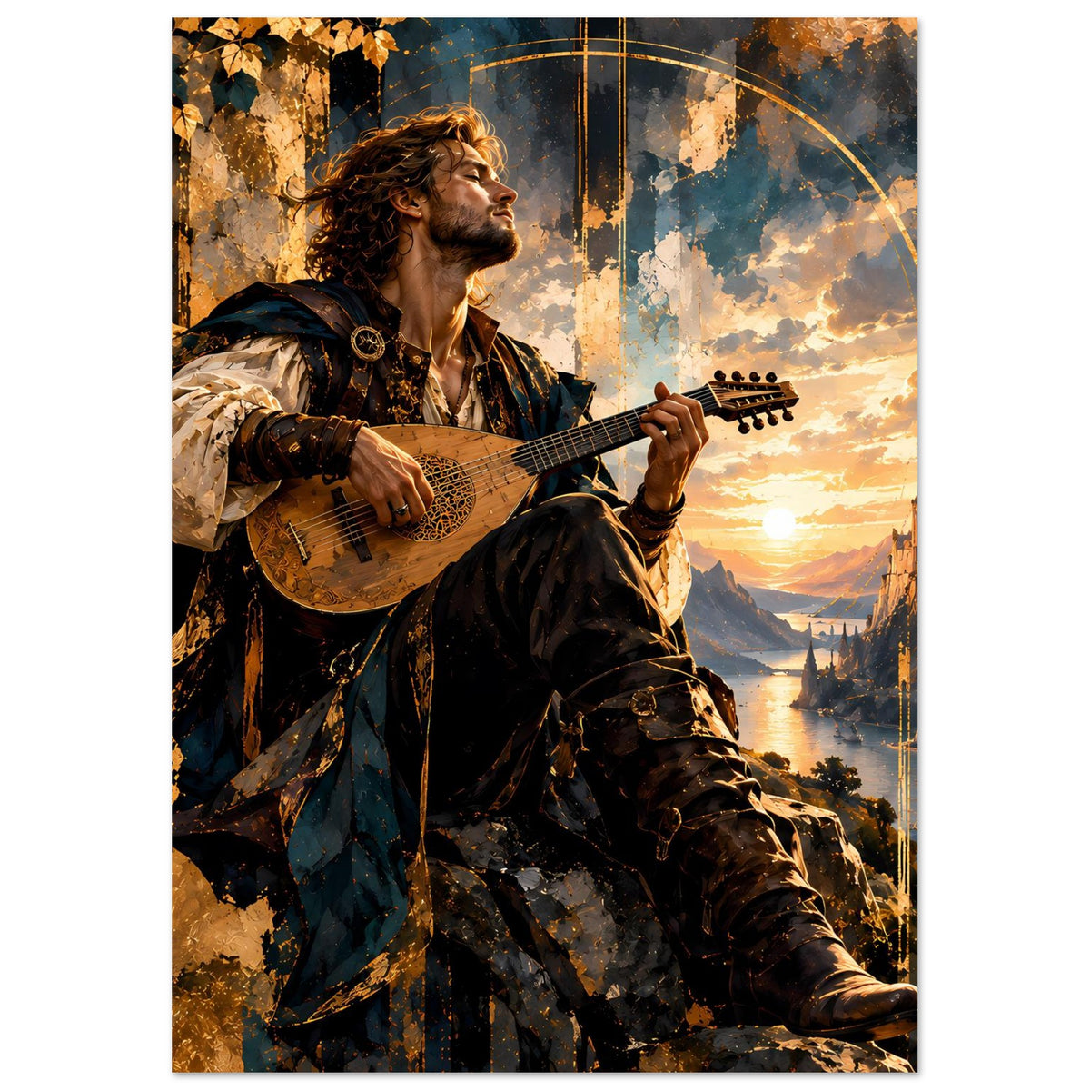Vertikales Fantasy-Poster mit Barde und Gitarre, Sonnenuntergang über Schloss