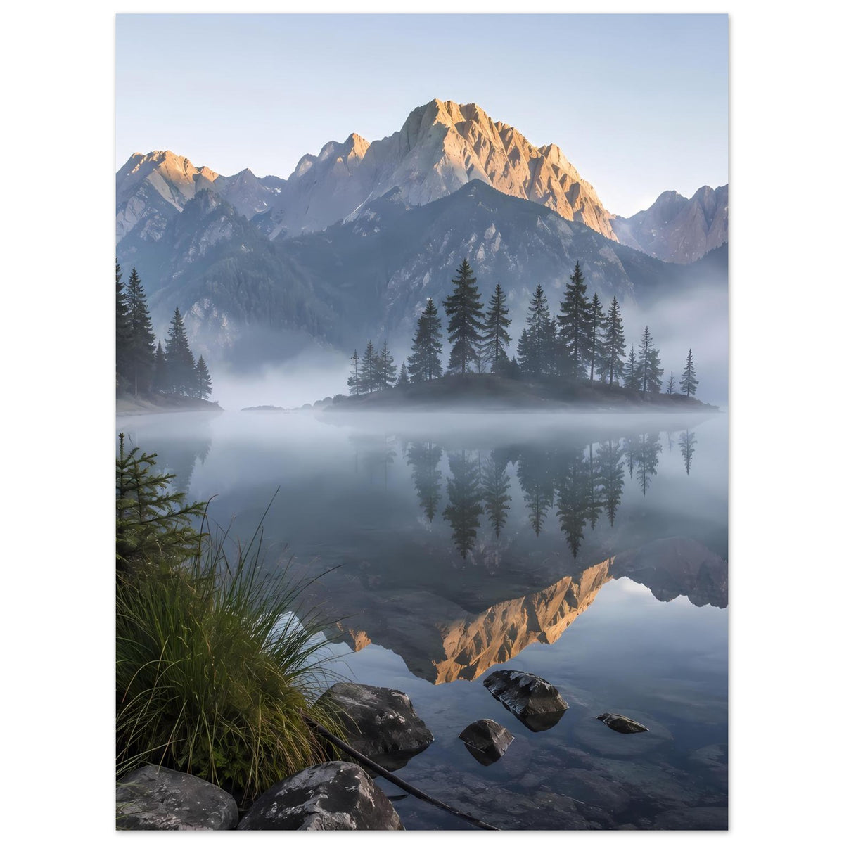 Poster mit Bergsee, Bergspiegelung und verschneiten Bergen im Morgennebel