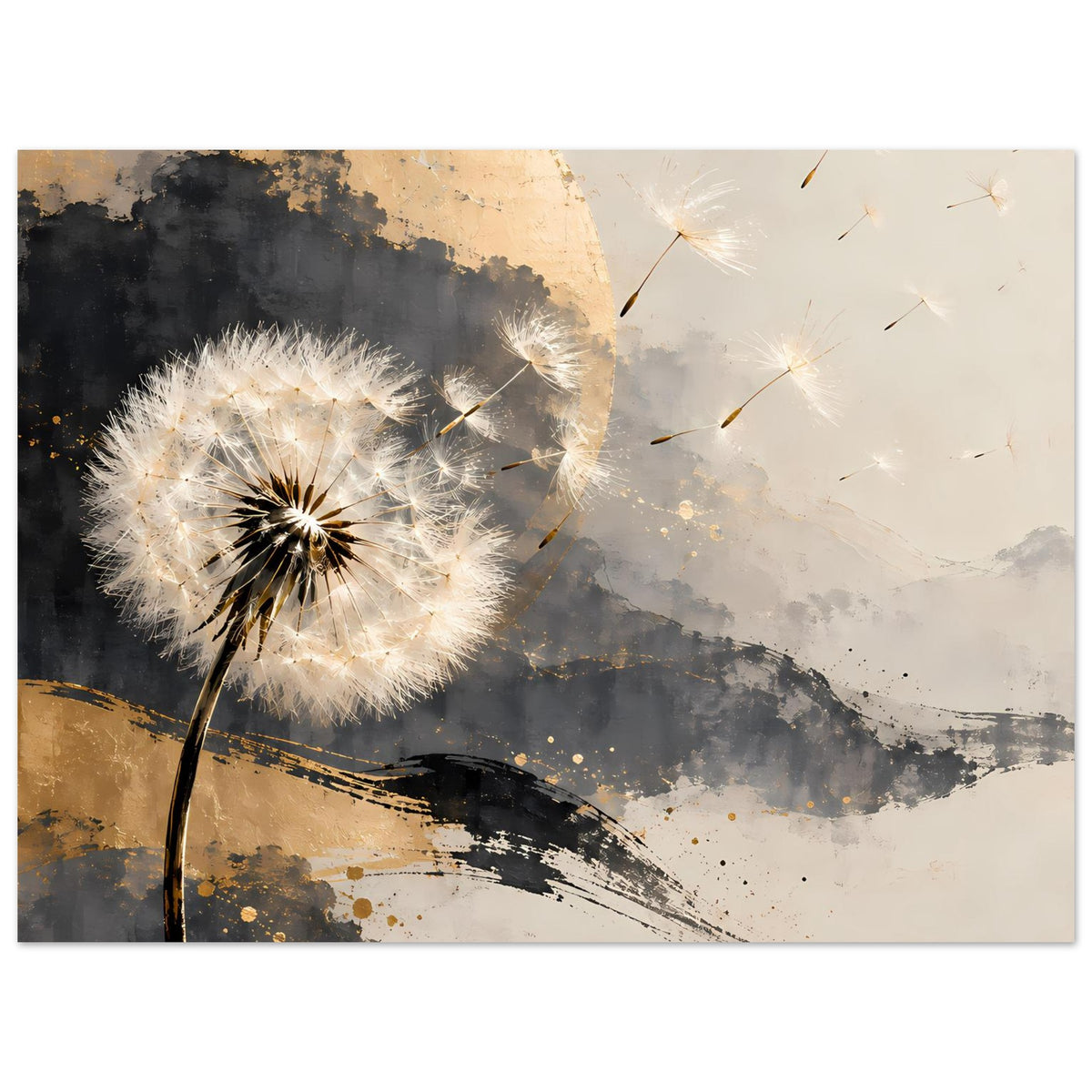 Querformatiges Kunstposter mit Pusteblume in Gold-, Grau- und Weißtönen, abstrakte Linien