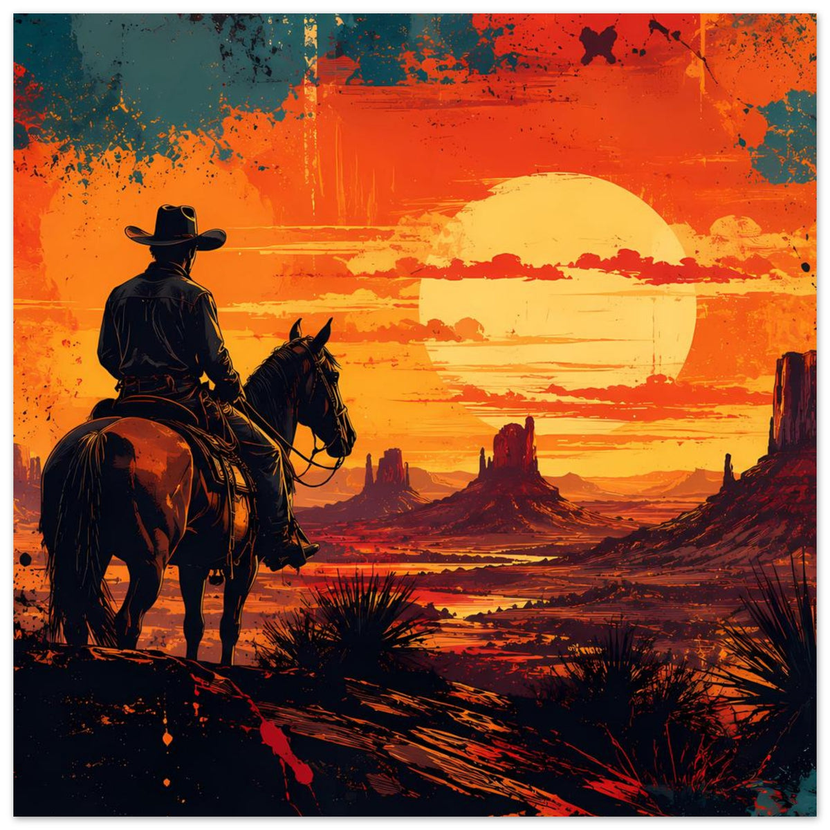 Western-Cowboy-Poster mit Cowboy-Silhouette auf Pferd, große gelbe Sonne über dem Wüstental